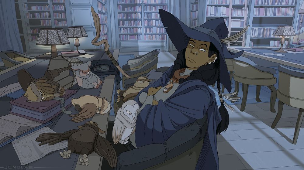 In a bookstore, a witch dressed in blue clothing and a blue hat looks tired. She is sitting with her arms crossed at a large table where baby owls are sleeping, some of them resting on her. The table looks messy, with books scattered everywhere.
