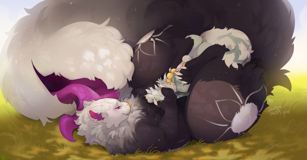 Consumstra lies on her back and gives Shivier a paw massage, holding him close