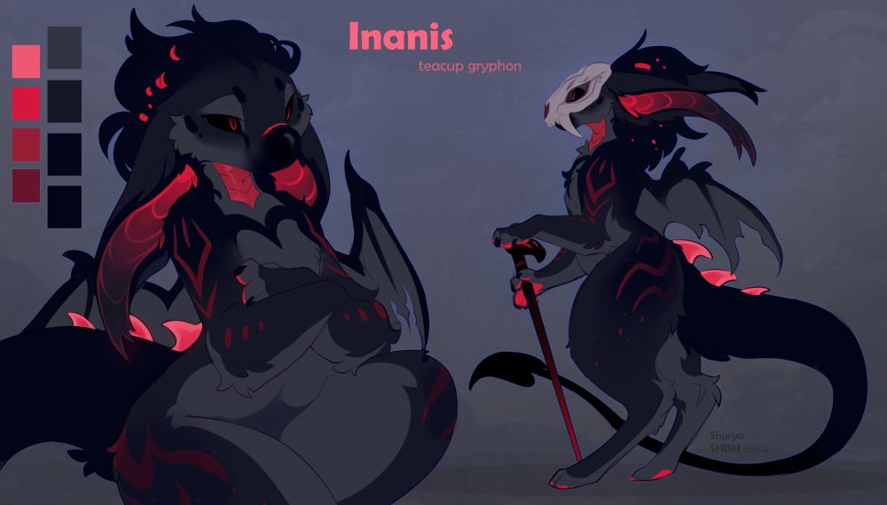 A digital reference artwork of a demonic dark teacup gryphon with leathery wings and a space tail. 