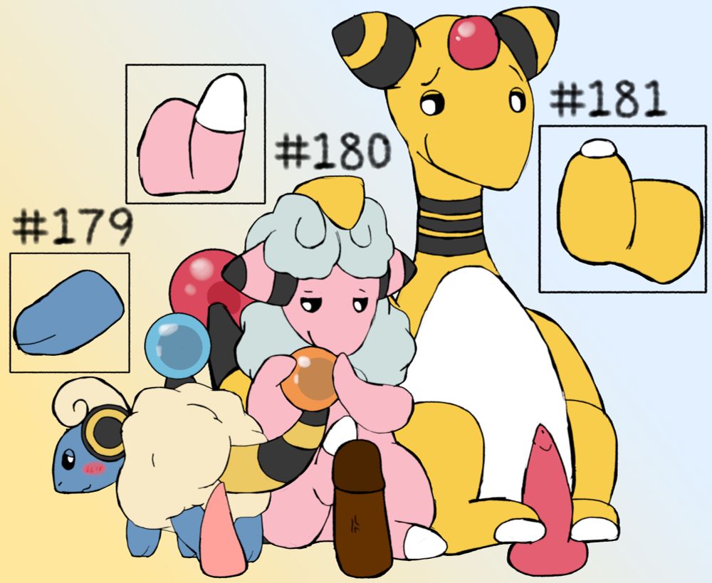 Three Pokemon, Mareep, Flaafy, and Ampharos, giving a footjob. Flaafy is rubbing Mareep's tail light orb, and Ampharos is patting Flaafy on the head.