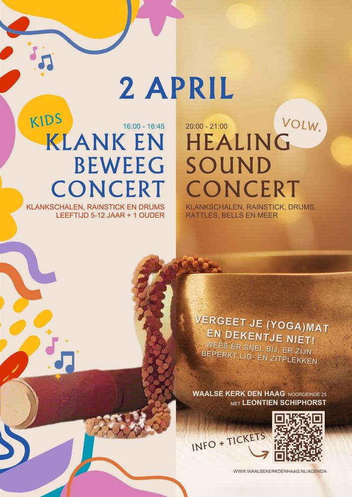 Poster van klank- en beweegconcert op 2 april in de Waalse Kerk in Den Haag.