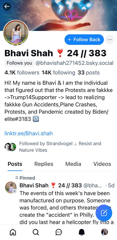 Schermafbeelding van account met in de tekst onder meer dat de protesten in de VS, het vliegtuigongeluk en de pandemie fake zijn en de schuld van de Biden-regering.