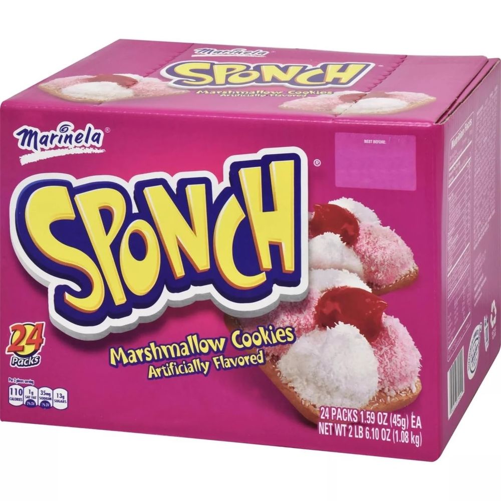 A box of Sponch Marshmallow cookies from the brand Marinela.