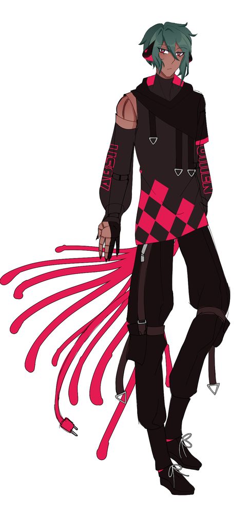 A concept sketch of a man over a white background. The character has dark green hair, hot pink eyes and a black and hot pink streetwear-inspired outfit. His sleeves read "Absit Omen". His limbs resemble a ball-jointed doll. He has several hot pink cords making up a tail.