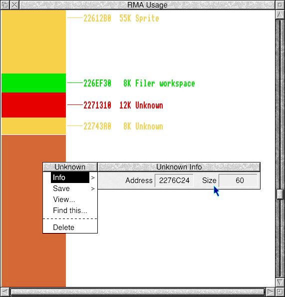 A tiny part of the RISC OS Module Area (RMA) showing neighbouring allocations differing in size by three orders of magnitude. Four or five orders are sometimes seen.