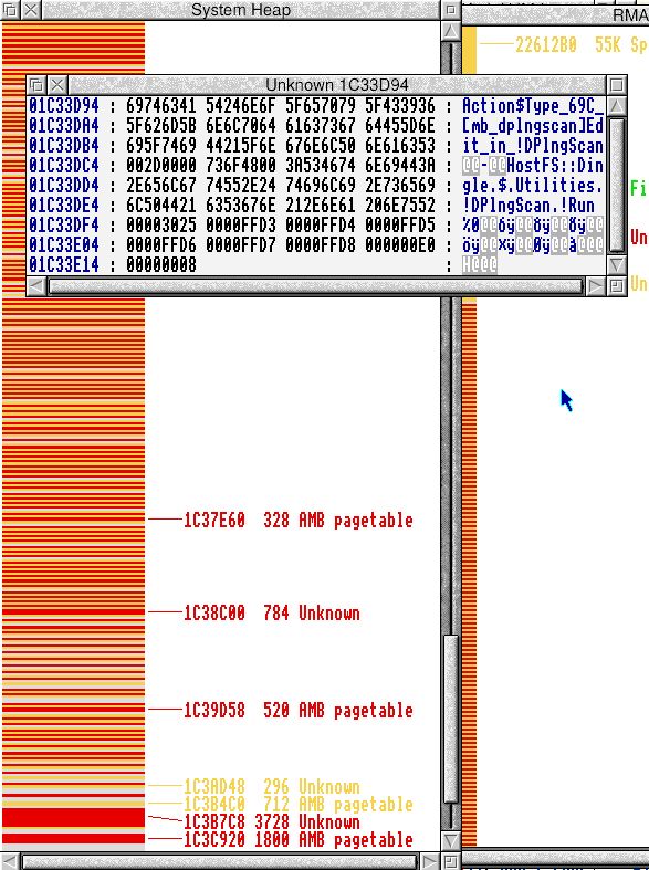 RISC OS System Heap visualised as a “node soup” consisting mostly of System Variables interspersed with AMB page tables that track the memory pages allocated to individual application slots. A single SysVar is shown as a hex dump showing the surprising amount of wasted space in each text buffer.