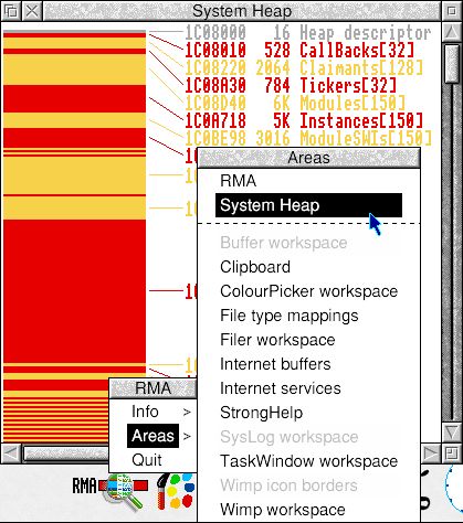 !RMA now has an “Areas” submenu that allows the user to select the Heap they wish to inspect. In addition to the RMA and System Heap, the list includes ColourPicker, Filer and WindowManager workspace, plus StrongHelp (thanks to a modification that places its numerous nodes in its own Dynamic Area rather than further contributing to the chaos in the RMA). Shaded areas are inaccessible from User Mode which, though it would be simple enough to work around, I am putting off until I add the ability to find and inspect Heaps inside Tasks, as that will require a similar memory access intermediary.