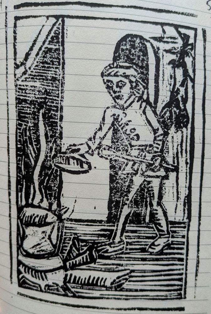 A lino-cut print of a man lifting a cauldron lid, copied from a sixteenth-century woodcut print.
