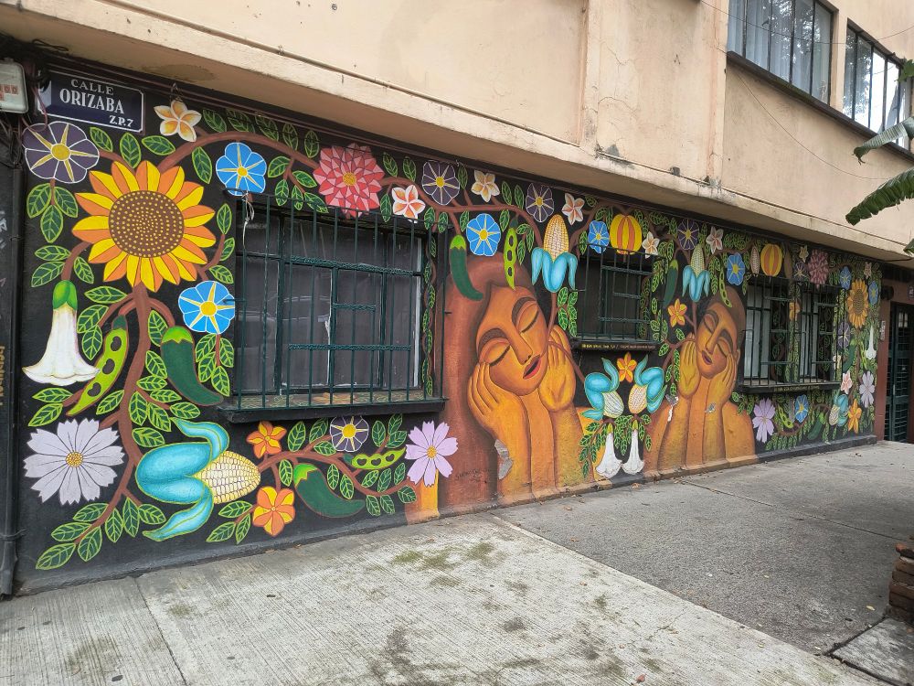 Graffiti mural with Oaxacan themes of flowers and sleeping women. Taken in Colonia Roma, Mexico City 