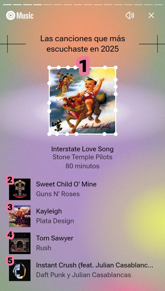 Pantalla de YouTube Music indicando el recap 2025 del usuario. El top 5 de canciones fueron:
1- Interstate Love Song - Stone Temple Pilots
2- Sweet Child of Mine - Guns n' Roses
3- Kayleigh - Marillion
4- Tom Sawyer - Rush
5- Instant Crush - Daft Punk ft. Julian Casablancas