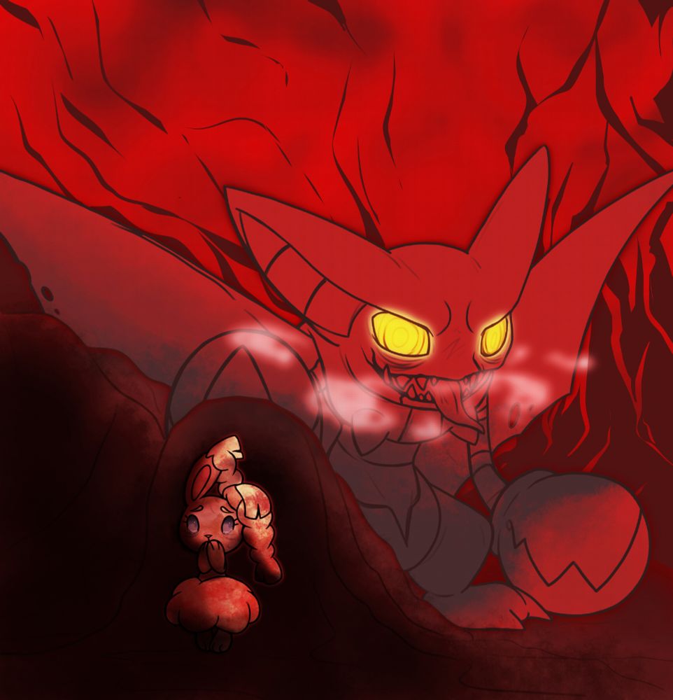 Buneary got lost on the last expedition team and now taking covers from feral pokemon in hope to live another day. Gliscor on other claw is aura farming on the background. 