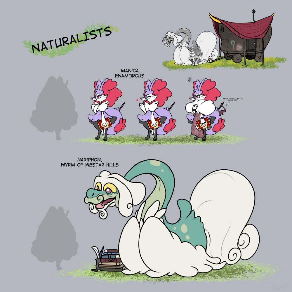 Picture shows Shiny Braixen Manica Enamorous, Drampa Nariphon, both are naturalists and researchers of the Westar unclaimed lands. 
