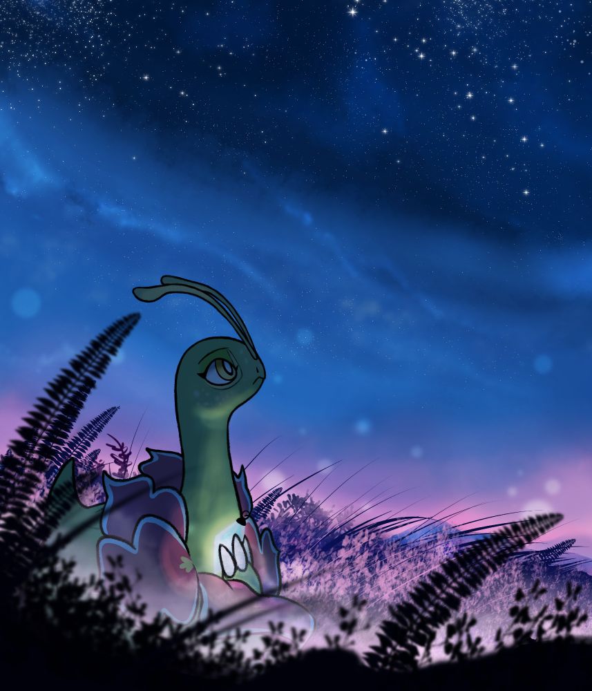 Meganium Camilia rests on grassy field, stargazing. 