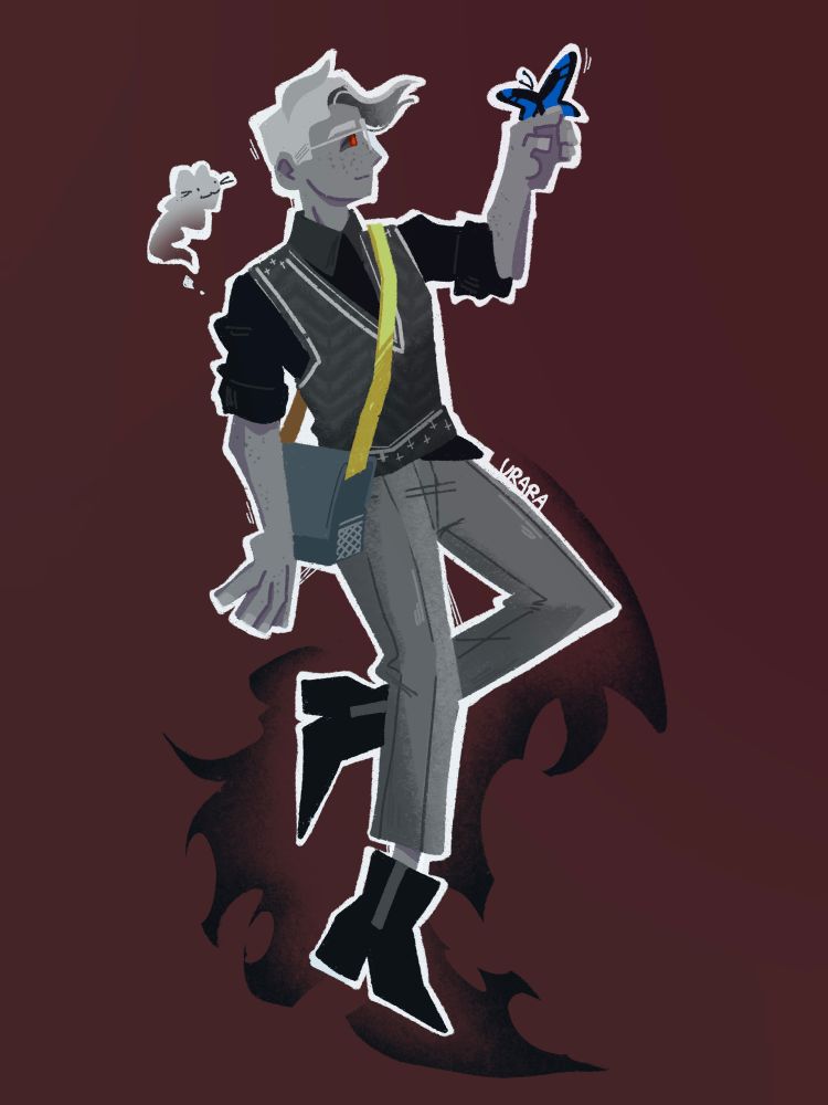 Urara's OC, ex Grim Reaper floating in the air. He is dressed in monochrome colors, pretty formal attire. The only colorful thing is the green strip of his bag and red eyes. His hand is extended, a blue butterfly sitting on his finger. There is a mini ghost floating next to him as well.