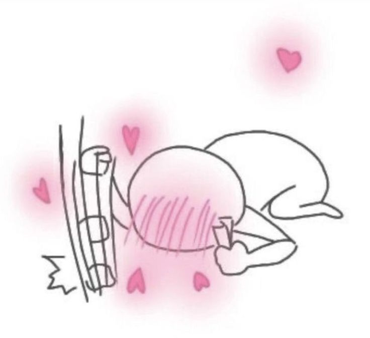 A line art drawing of a person blushing and pounding the ground, surrounded by drawn hearts