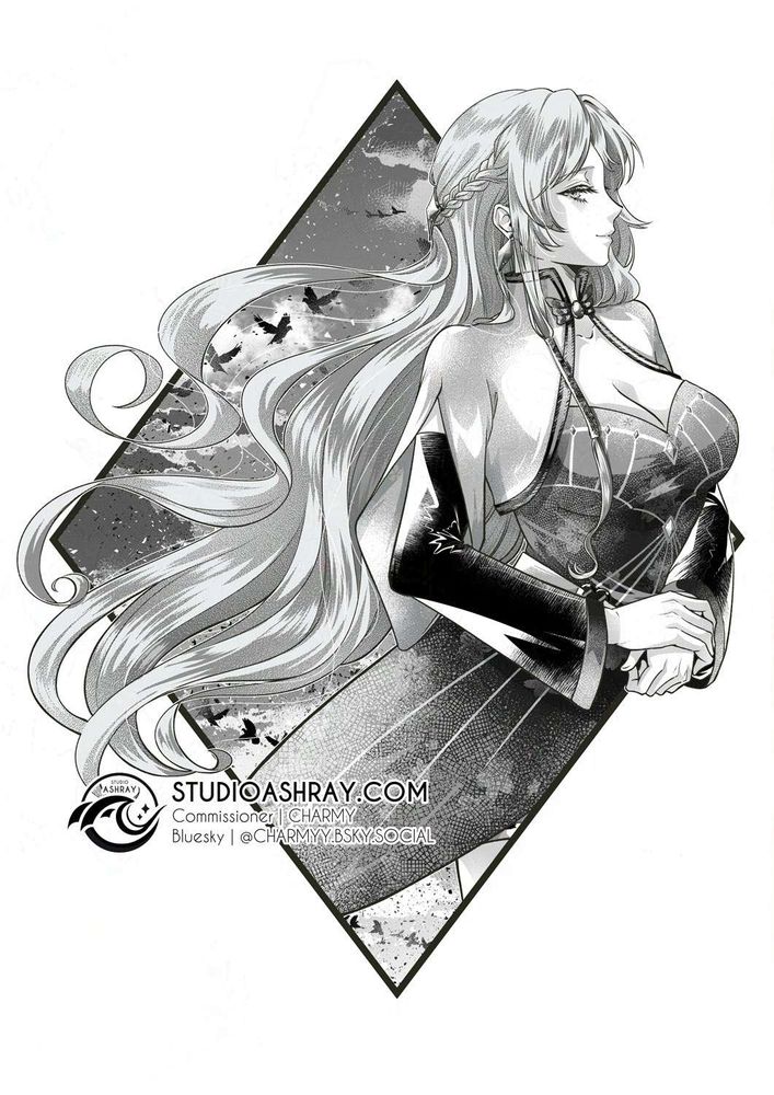 Half body illustration commission for Charmy in our black and white screentoned style of Skye, her original Honkai Impact/Star Rail universe character.