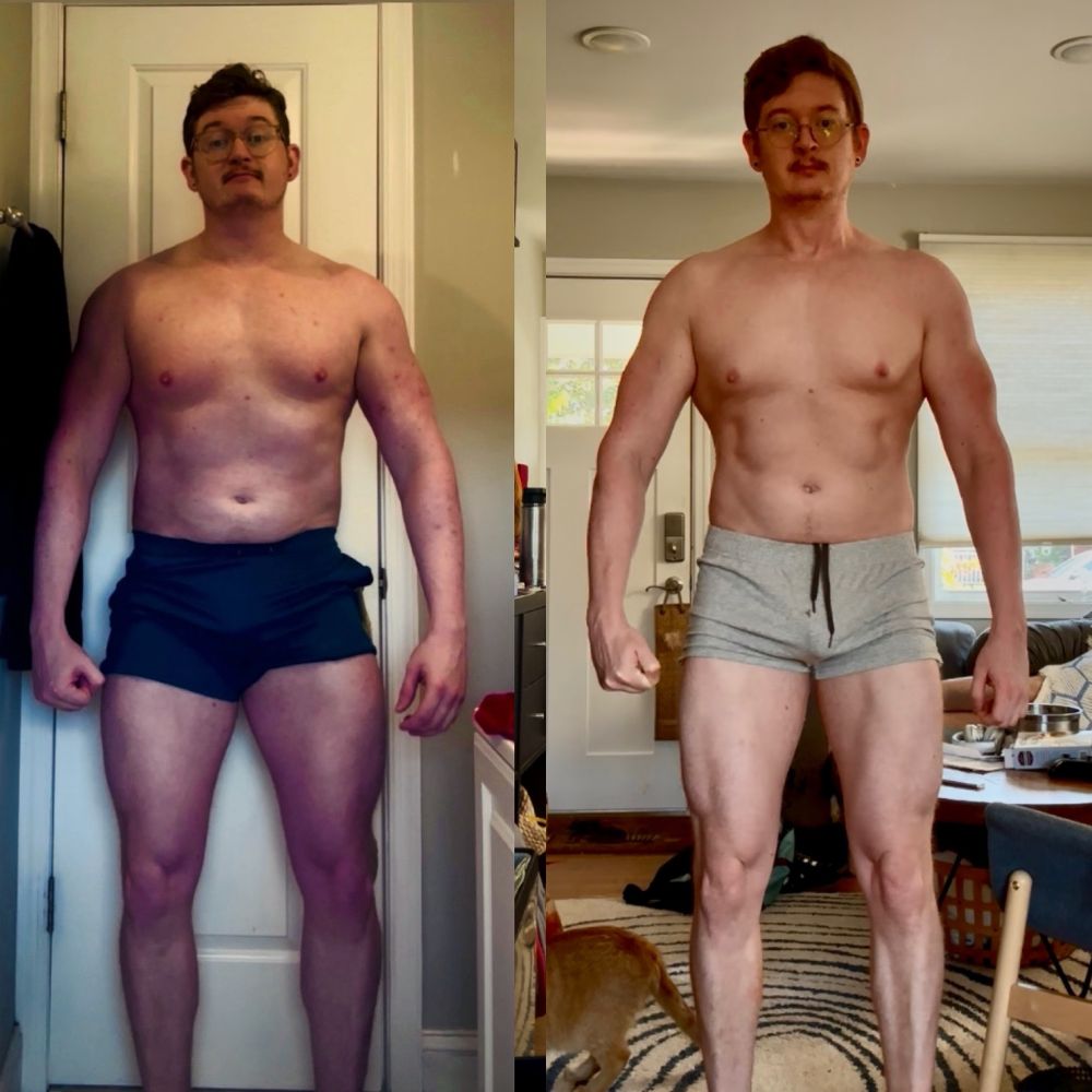 Side by side picture of Casey demonstrating fat loss and definition gain. 