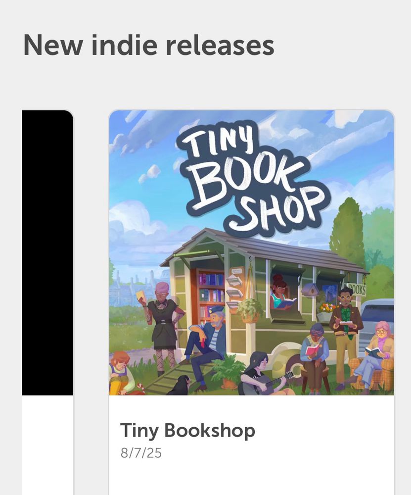 Image of Tiny Book Store title screen. Video game where a person sells books from a small mobile shed. 