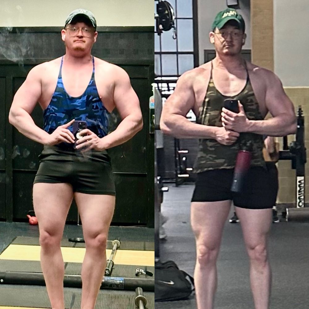 Comparison of the same man over time. He is a bit smaller on the right but more muscular in appearance. 