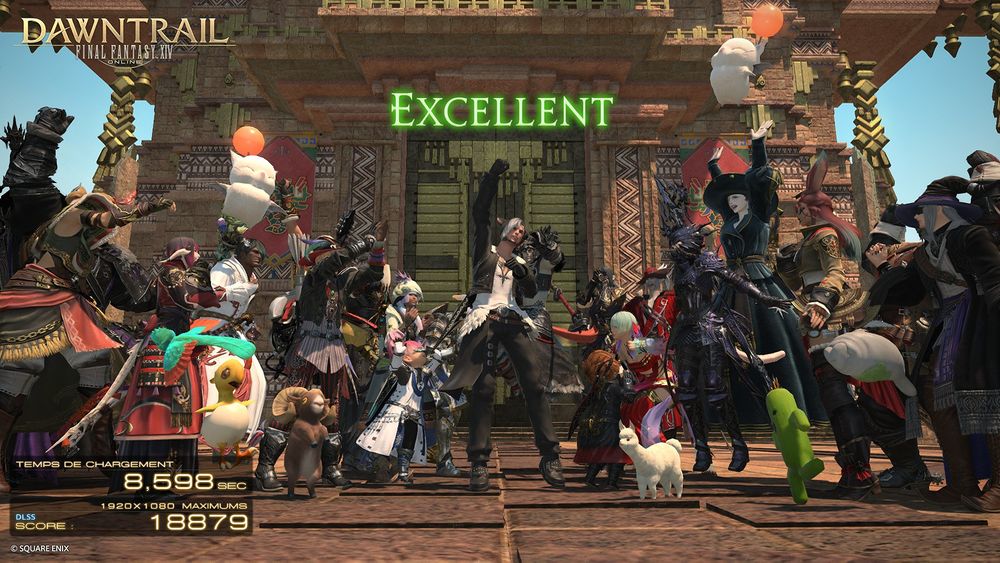 Result screen from the Dawntrail benchmark (Excellent - Load Time 8,6sec // Score: 18879) on 1080p with max settings