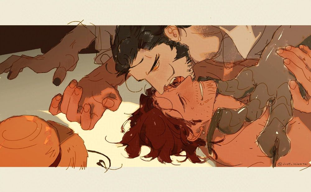 One Piece fanart. A drawing of Mihawk laying on top of Shanks. His left arm is a large talon that pins Shanks to the ground. His right hand is a normal human hand with black nails. Mihawk has two sharp front teeth. He tries to bite/lick Shanks’s left eyes scars. Shanks is smiling and sweating a little. His left arm is next to Mihawk’s hand and right hand is resting on Mihawk’s claw. The strawhat is on the ground above Shanks’s head.

