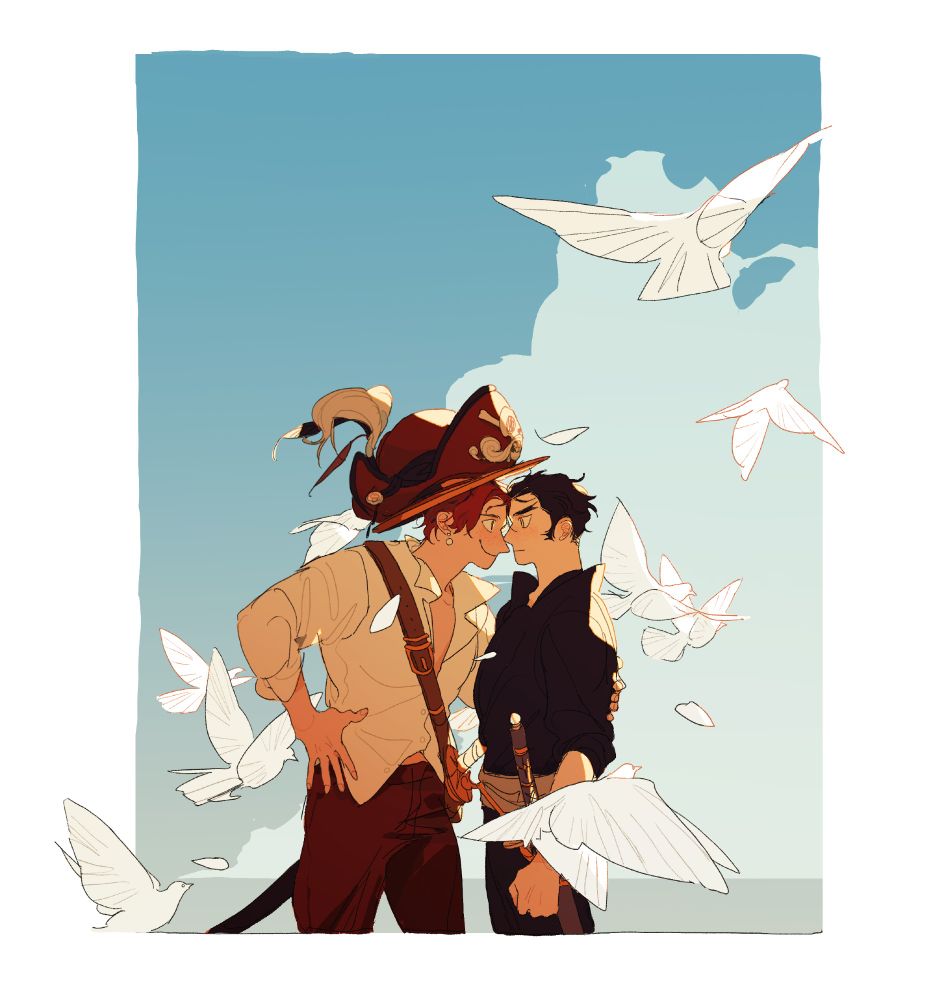 A digital drawing of Shanks and Mihawk from the manga One Piece. They are both young and beautiful, as they are teenagers. Shanks wears Roger's pirate hat on top of his straw hat and leans so close to Mihawk that their noses touch. He looks Mihawk straight in the eyes, one arm resting on his hips and the other wrapped around Mihawk's torso. Mihawk wears a simple black shirt and black pants and looks back into Shanks' eyes. Behind them are the vast blue sky and soft looking clouds. White birds fly around them. The sun shines on them.