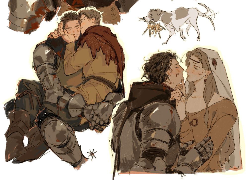 A digital drawing of Hans Capon, Henry of Skalitz and Mutt the Doggie from video game Kingdom Come: Deliverance (2). The composition on the left shows Hans sitting on Henry's laps kissing his cheek sweetly while cradling his face. The composition on the right is Lady Hans touching on Henry (♀)'s face with a finger while Henry trying to kiss Hans. Above them is Mutt the Goodboi, holding a bouquet of flowers with his mouth.