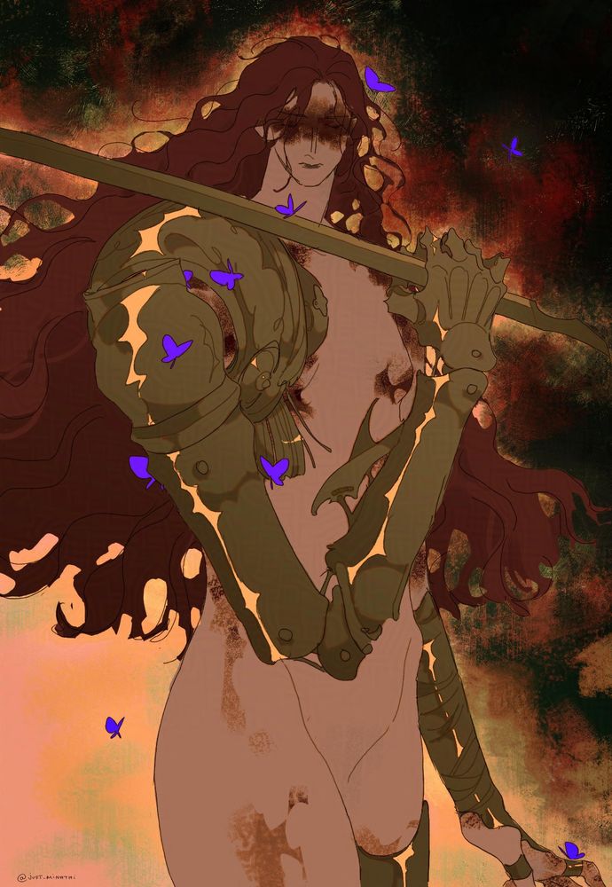 a digital drawing of Malenia from Elden Ring in her second-phase form. She raises her armored sword-arm high and holds her sword in hand. Butterflies and warm but foul orange/green light surround her. Her eyes and part of her body covered in rot, but the lines of her closed eyes and eyebrows are still visible.