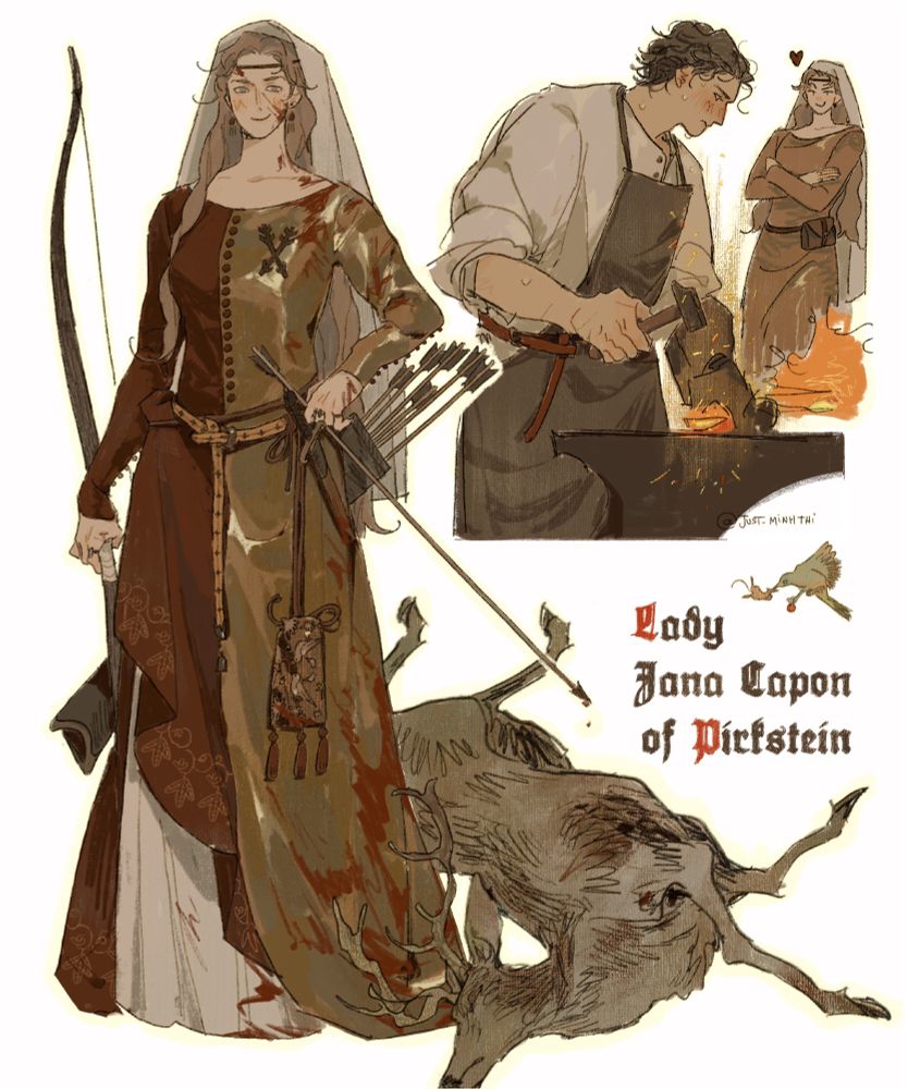 a digital drawing of Hans Capon and Henry of Skalitz (female version) from video game Kingdom Come: Deliverance (2). The main composition on the left shows Lady Capon in a half-red, half-golden kirtle—the gold side bearing the crossed arrows symbol. Her face and kirtle are dirty. The composition on the right shows Henry working at the blacksmith's, while Lady Capon admiring her from afar. The text beneath is "Lady Jana Capon of Pirkstein".
