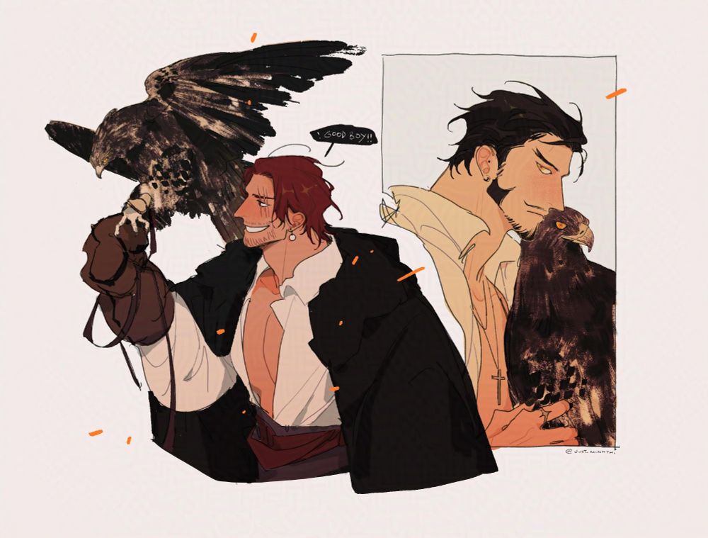 A digital drawing of Shanks and Mihawk from the One Piece manga. Shanks is on the left, holding a hawk in his right hand. He smiles at it and says, "Good boy." Mihawk is on the right, also holding a hawk and glancing at Shanks.