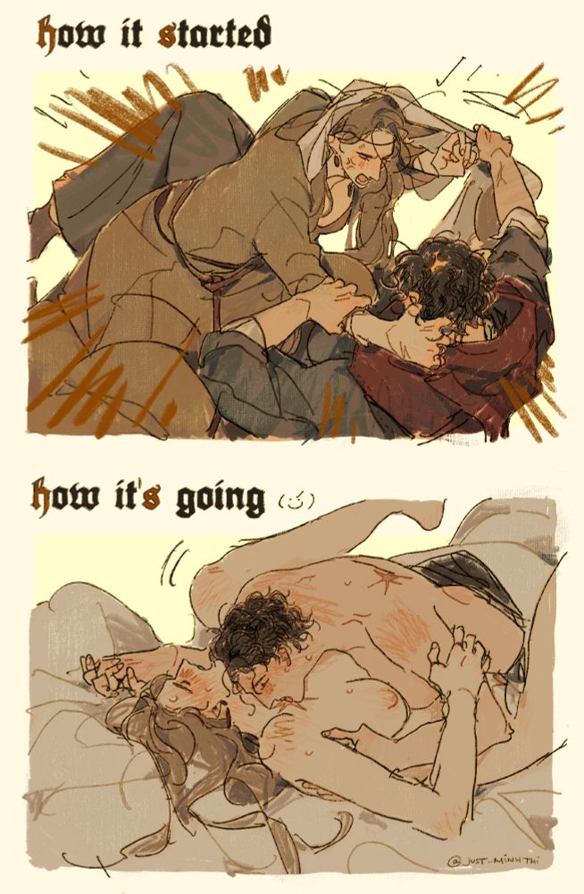 a digital drawing of Hans Capon and Henry of Skalitz (female version) from video game Kingdom Come Deliverance (2). The panel above show them both are fighting. The caption for the panel is: "how it started". The panel below show them both making love. The caption for the panel is: "how it's going."