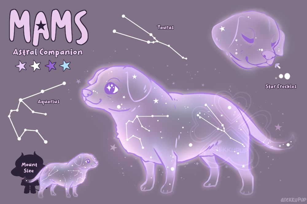Short and cute dog that is semi-transparent. The dog is glowing purple and white with stars and constellations inside of it's body.