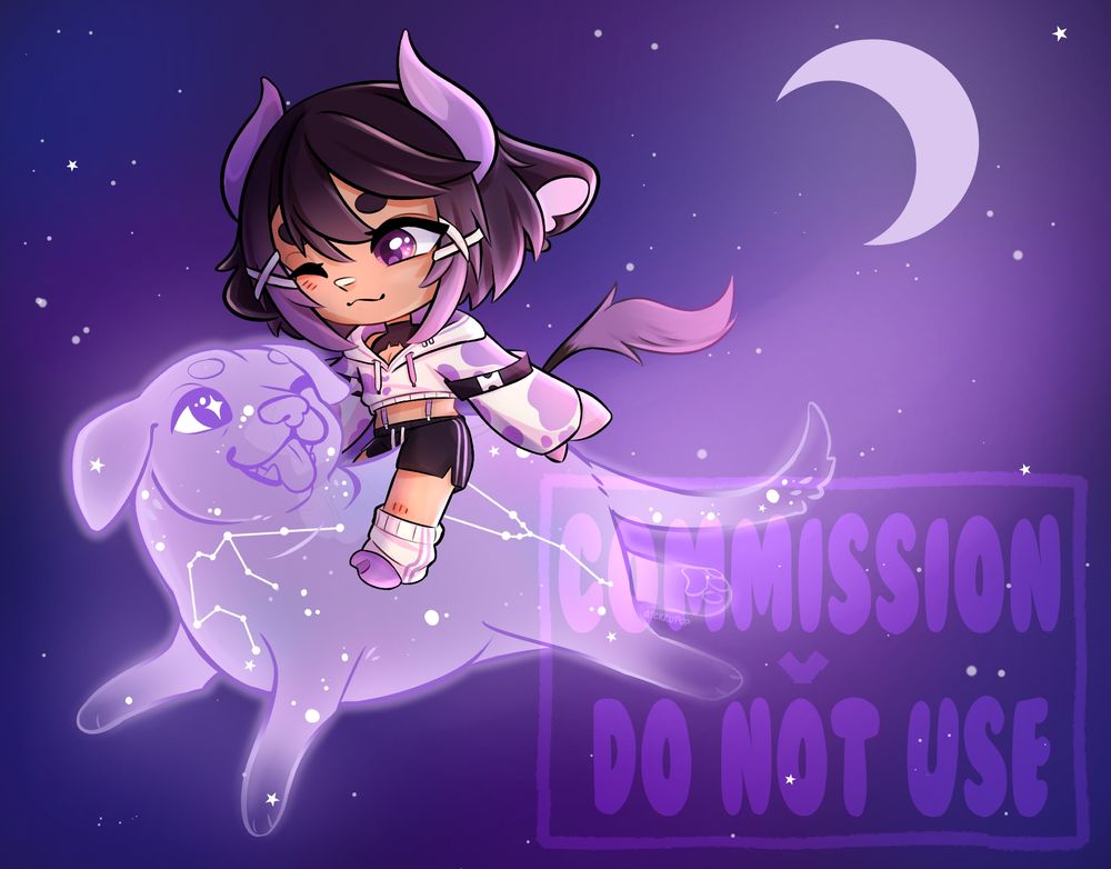 Two characters flying through space. One is a dog that is transparent with stars inside of it's body. The other is a chibi purple cow character riding on the dog like a mount.