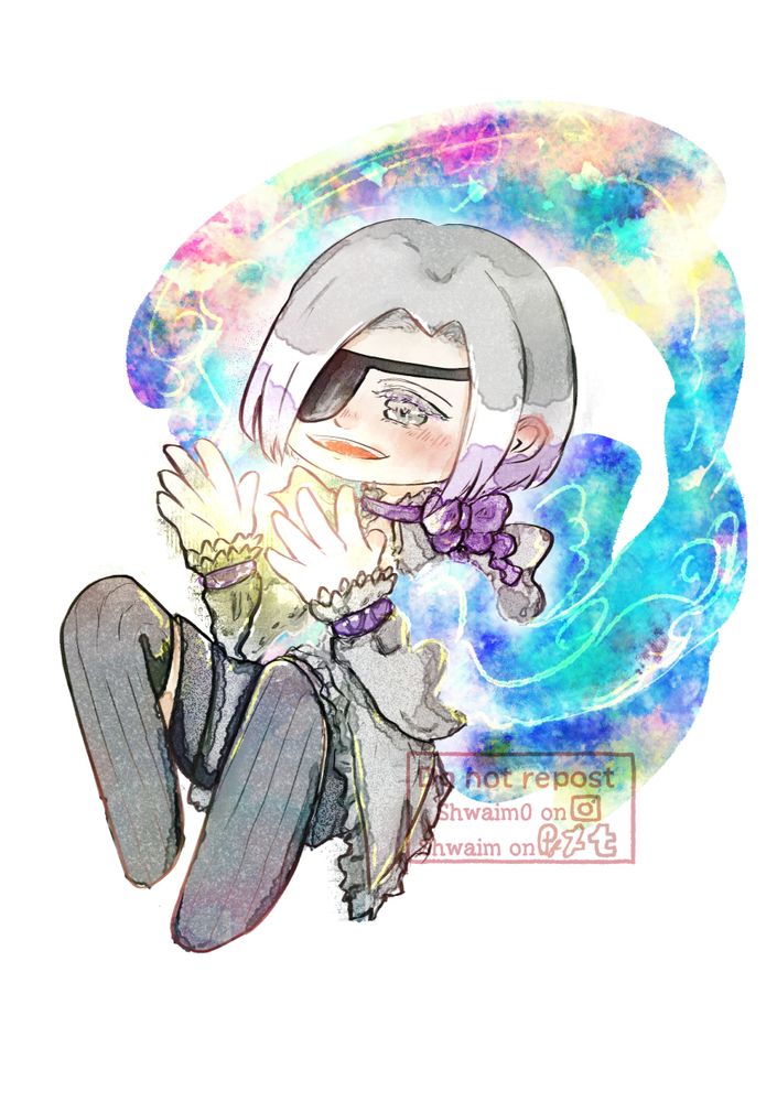 Digital fanart of child Nightmare Gottschalk, from the Heart no Kuni no Alice series, in a chibi form in my watercolour artstyle. He has both his hands in front of him, looking at the light within them. He is using his standart outfit, depicted in the Diamond no Kuni no Alice game, with exception of his footwear, which he is not wearing any.
There is a blue shape behind him, different colours mixing within said blue, that can be traced to his bust.