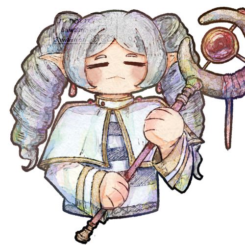 Chibi bust up fanart of Frieren, from the anime Sousou no Frieren. She is holding her staff with both hands and facing the viewer.