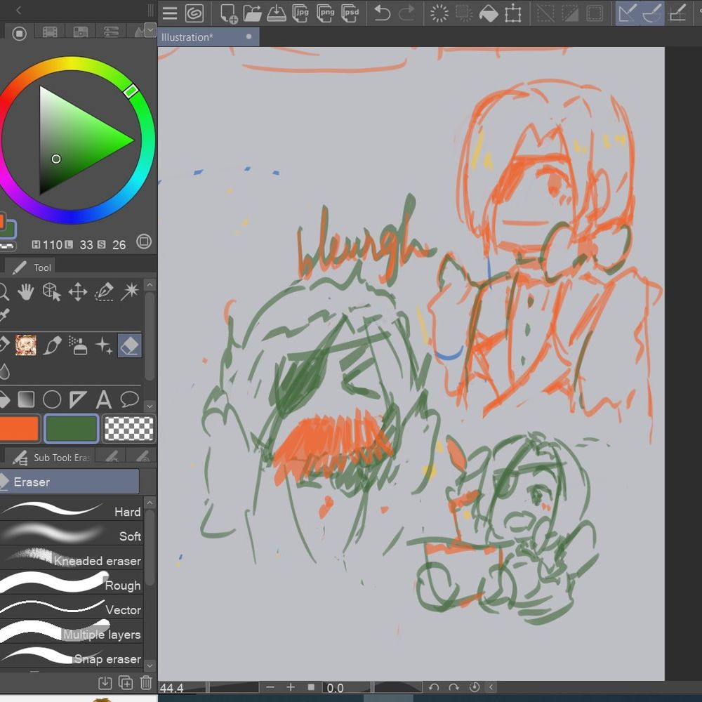 Doodles of Nightmare Gottschalk, in his child form, using green and orange colours.