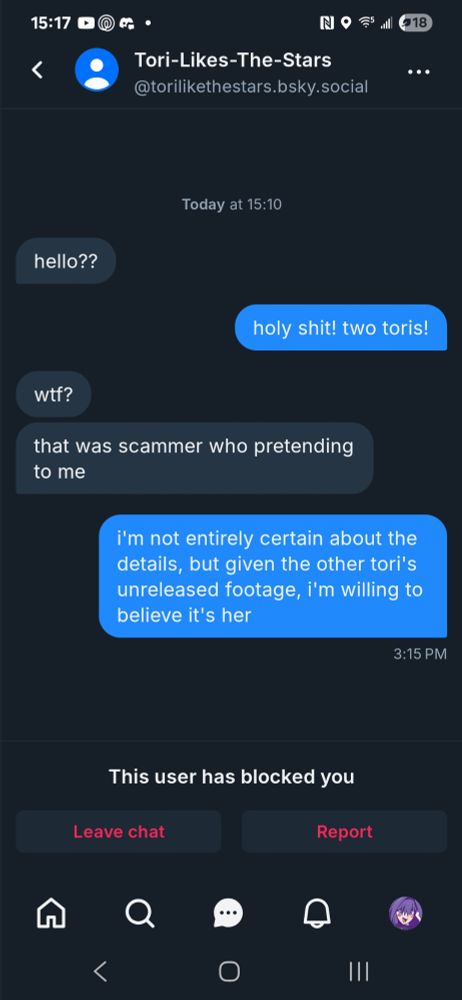 A DM convo with the compromised Tori.

"tori": hello??
me: holy shit! two toris!
"tori": wtf?
"tori": that was scammer pretending to me
me: i'm not entirely certain about the details, but given the other tori's unreleased footage, i'm willing to believe it's her

they then blocked me