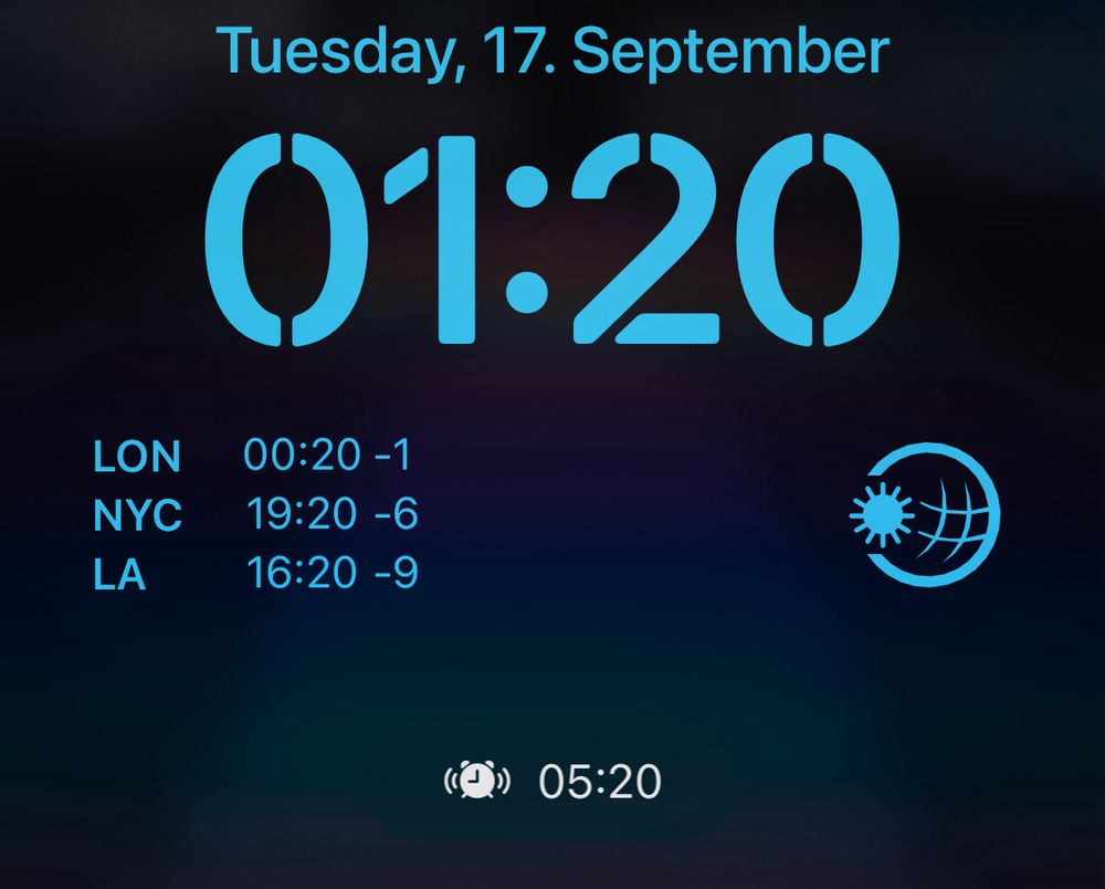 The current time, 01:20 am and an alarm set for 5:20 am