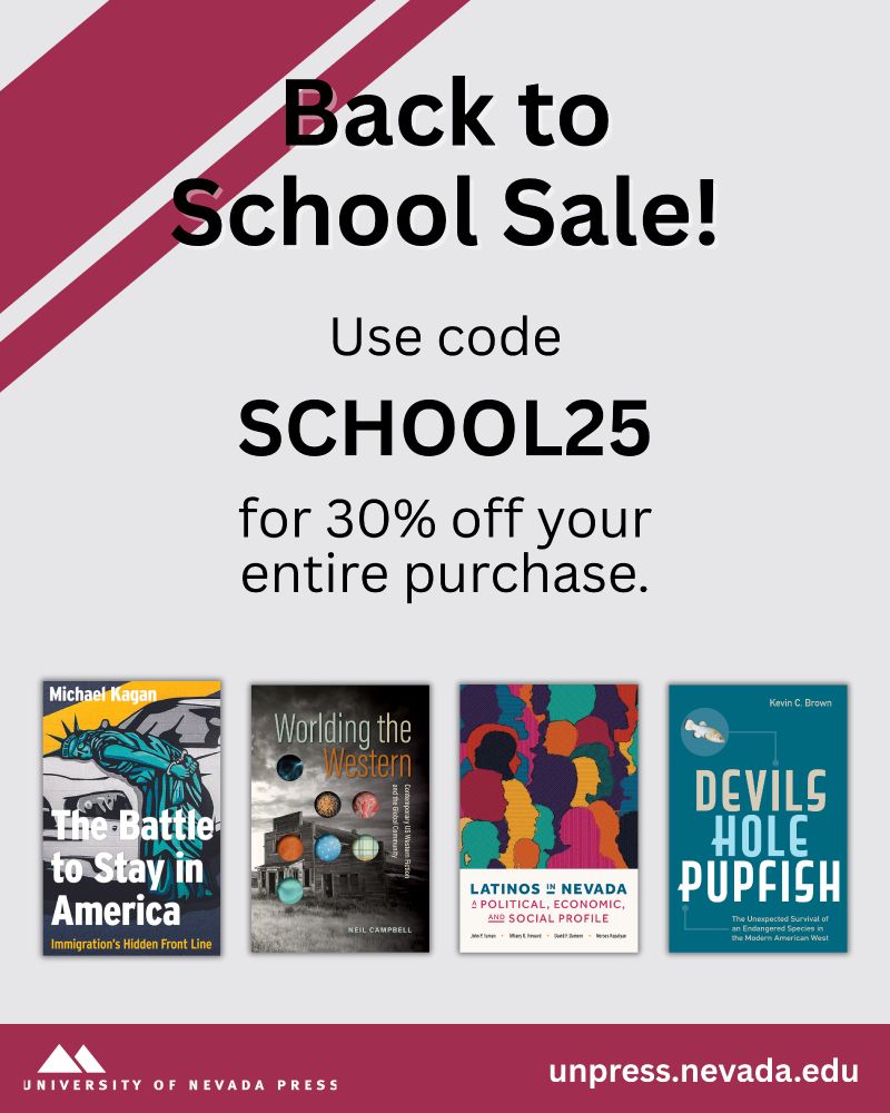Infographic titled Back to School Sale! The text reads: Use code SCHOOL25 for 30% off your entire purchase. It includes the covers of four books: 𝙏𝙝𝙚 𝘽𝙖𝙩𝙩𝙡𝙚 𝙩𝙤 𝙎𝙩𝙖𝙮 𝙞𝙣 𝘼𝙢𝙚𝙧𝙞𝙘𝙖, 𝙒𝙤𝙧𝙡𝙙𝙞𝙣𝙜 𝙩𝙝𝙚 𝙒𝙚𝙨𝙩𝙚𝙧𝙣, 𝙇𝙖𝙩𝙞𝙣𝙤𝙨 𝙞𝙣 𝙉𝙚𝙫𝙖𝙙𝙖, and 𝘿𝙚𝙫𝙞𝙡𝙨 𝙃𝙤𝙡𝙚 𝙋𝙪𝙥𝙛𝙞𝙨𝙝. 