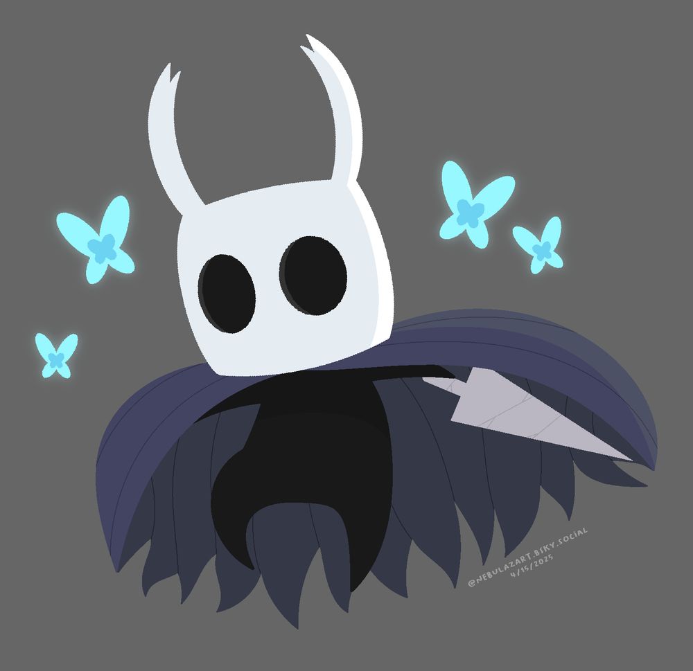 The protagonist from the indie game Hollow Knight in a leaping pose, sword at the ready, surrounded by lifeblood butterflies.