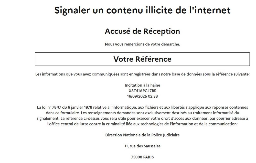 Accusé de signalement en ligne
