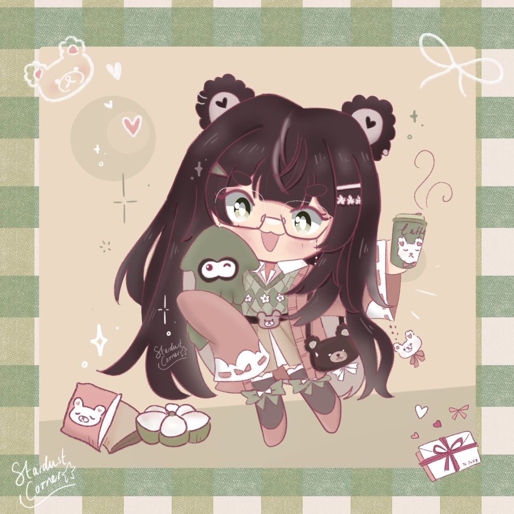 Sully in an adorable outfit holding an inkling plush and a hot coffee :]