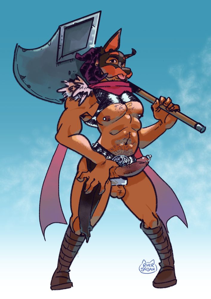 Jino in a barbarian outfit, resting a giant axe on his shoulder while showing his penis under the loincloth