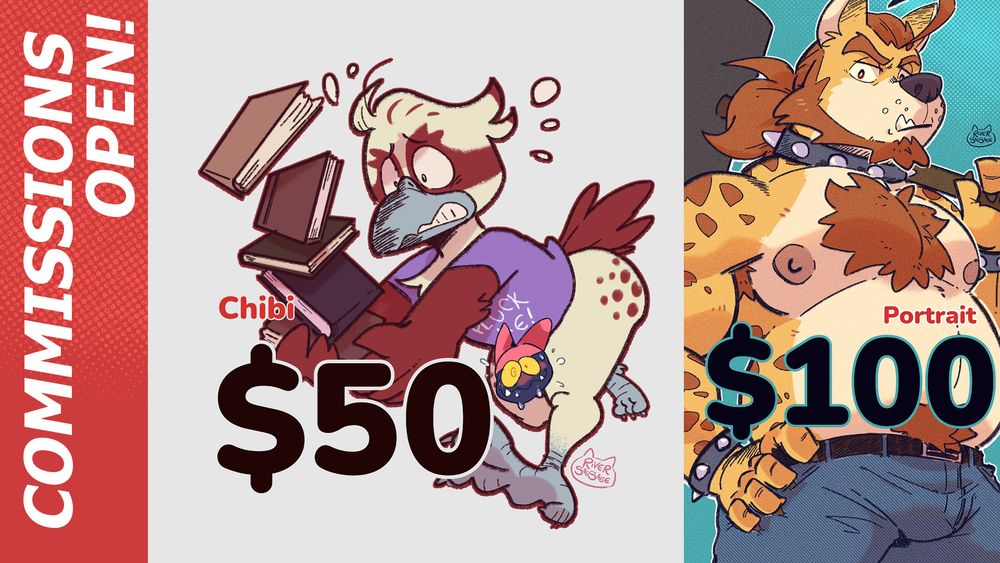Price sheet for my commissions. Chibi characters are priced at $50 USD, while half-body character portraits are at $100 USD