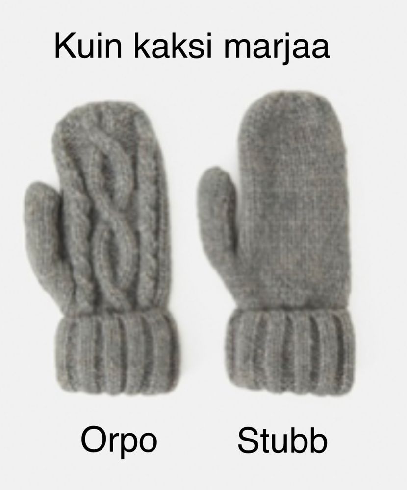 Ylhäällä teksti ”Kuin kaksi marjaa”. Keskellä 2 lapasta. Alhaalla teksti ” Orpo Stubb”