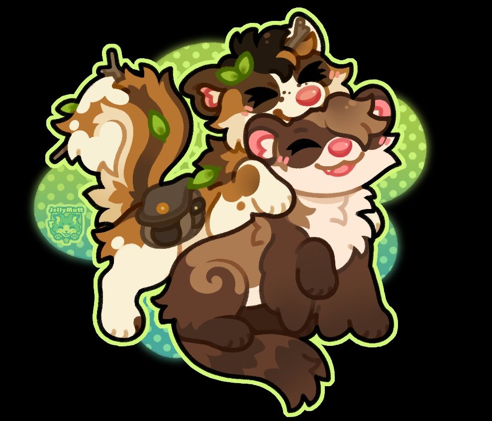 Two Airmines (a closed species inspired by ferrets and gliding mammals like sugar gliders and flying squirrels) drawn together in a chibi style. A brown spotted Airmine named Cricket, with branches and twigs sticking out of their fur, pounces on top of the other Airmine named Tavi, with brown fur with ferret-like markings, playfully chewing on their hair.