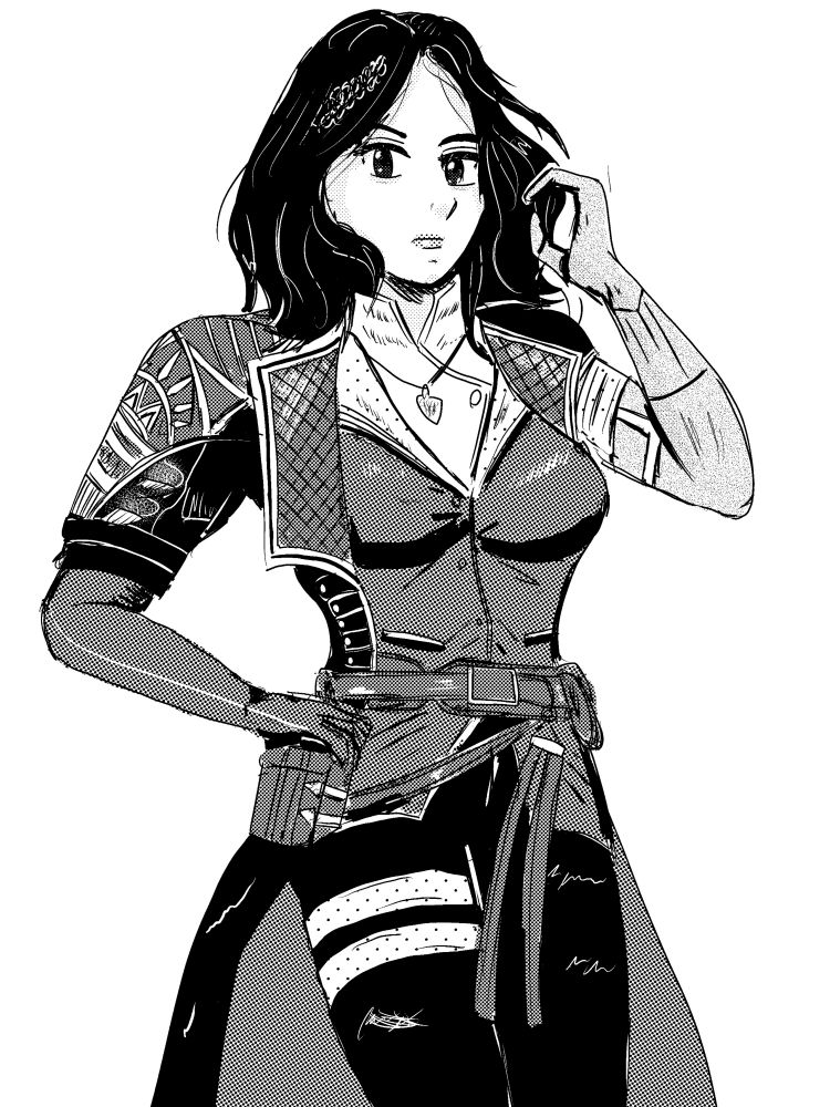 Lune, a woman with messy black hair and a distressed trenchcoat with an exposed arm. 