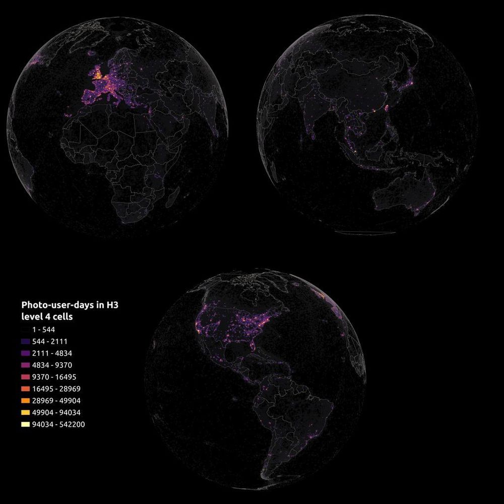 Distribution of the use of Flickr. Three heat maps that show globes roughly centered in Europe and Africa, South-East Asia and the Americas. Use is centered in Europe and North America, and urban areas.