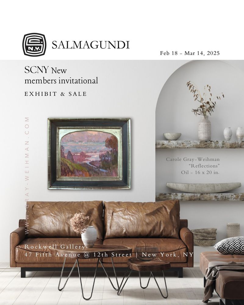 A landscape oil painting hanging on a wall above a leather couch in a white and tan interior with built-in shelves and rustic decor. The painting on the wall is titled "Reflections". It's 16 by 20 inches, framed by a custom arched Masterworks Frame, and there's an announcement stating that it will be exhibited at the Salmagundi Club New Members Invitational Exhibition Feb 18-Mar 14, 2025. And that the opening reception is Feb 27. The address for Rockwell Gallery is posted at the bottom and the address reads: 47 Fifth Avenue @ 12th Street | New York, NY