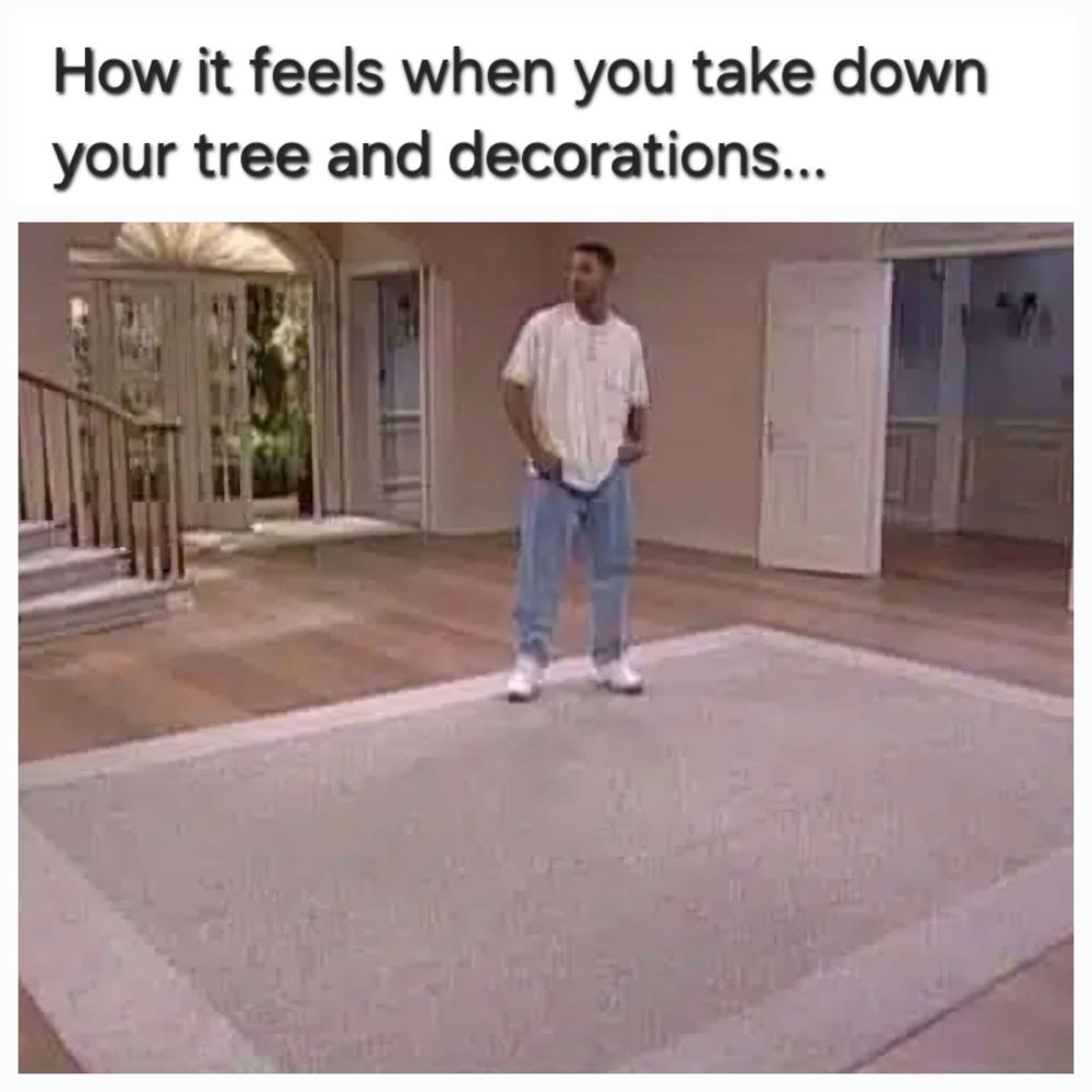 Person standing in the middle of a room completely empty apart from a rug. Text above says, “How it feels when you take down your tree and decorations…”
